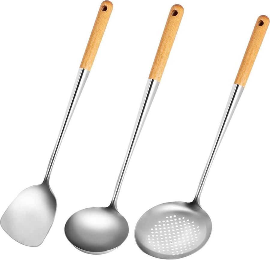 Wok Spatel en PollepelSkimmer Set 17Inches Spatel voor Wok van 304 Staal