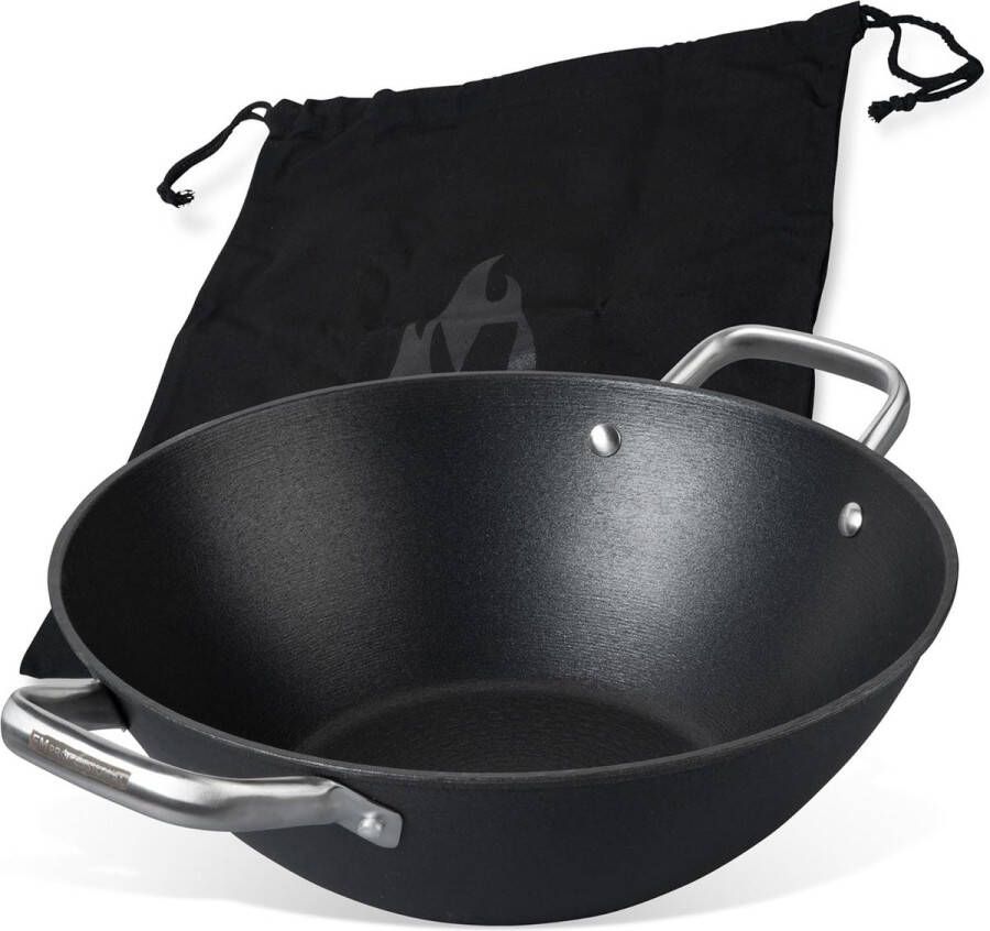 Wok van gietijzer 32 cm wokpan met hoogwaardige antiaanbaklaag geschikt voor alle warmtebronnen (ook inductie) ca. 33 x 42 8 x 12 cm