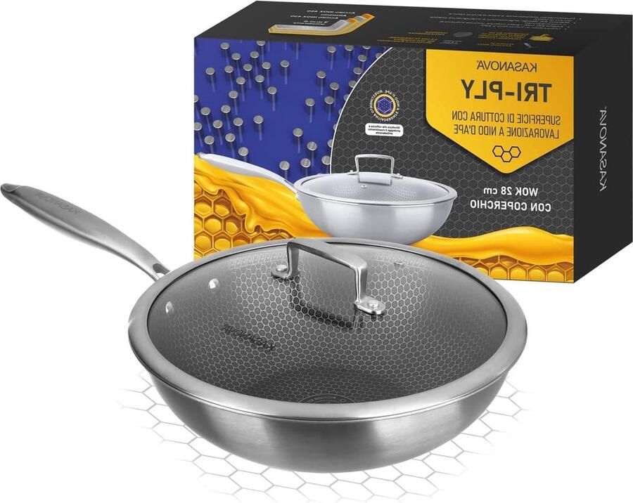 Wokpan 28 cm met drielaags deksel Grote Wokpan met Antiaanbaklaag