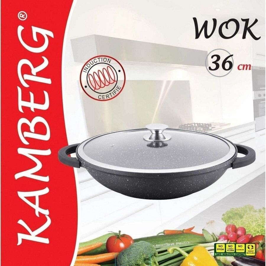 Wokpan 36 Cm Gegoten Aluminium Coating In Steenlook Met Glazen Deksel Geschikt Voor Inductie Grijs