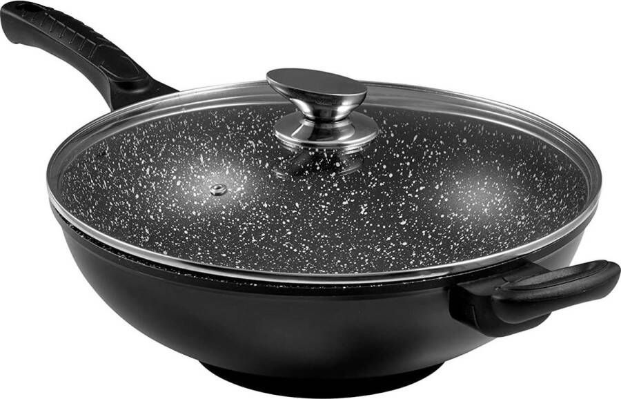 Wokpan in steen-look met glazen deksel 32 cm duurzame anti-aanbaklaag