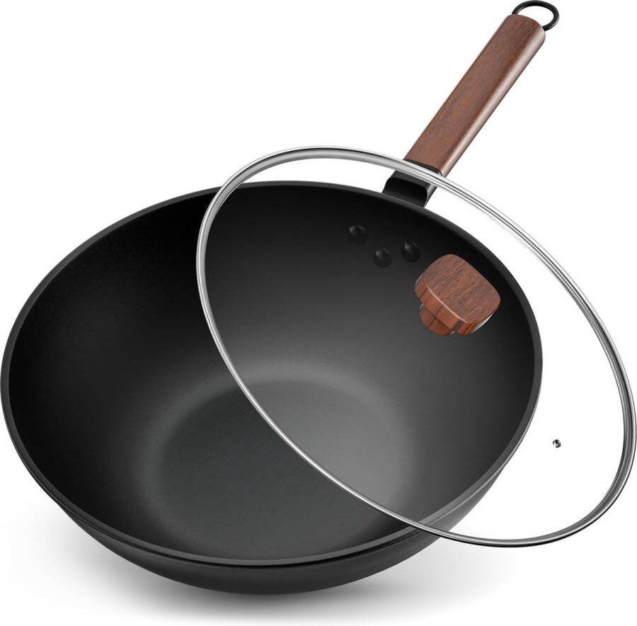 Wokpan Inductie 33cm Antiaanbaklaag Vaatwasser bestendig Wokpan met Deksel Wokpan Inductie met Deksel Wok Pan Wokpan 33cm Zonder Chemische Coating