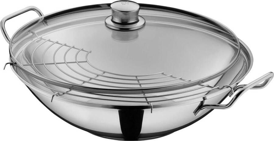 Wokpan inductie 36 cm 3-delig glazen deksel tempura rek TransTherm Universele bodem Cromargan RVS Ovenbestendig Vaatwasserbestendig Geschikt voor inductie Wokpan inductie