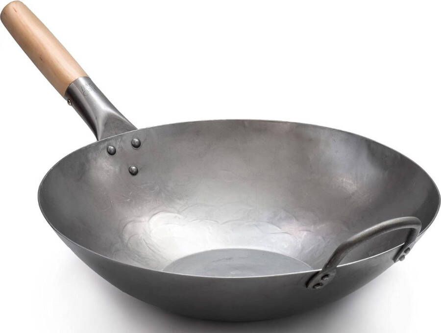 Wokpan inductie Carbon Staal met Houten en Stalen Helper Handgreep Plat Hand Gehamerd 355 cm platte bodem Wokpan inductie