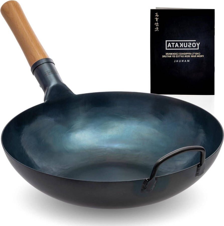 Wokpan inductie Koolstofstalen Roerbakpan 34 cm Voorbehandelde Wok Platte Bodem Pow Wok Traditionele Chinese Wok Groot -Past bij Gas Inductie Elektrisch Open Vuur Wokpan inductie