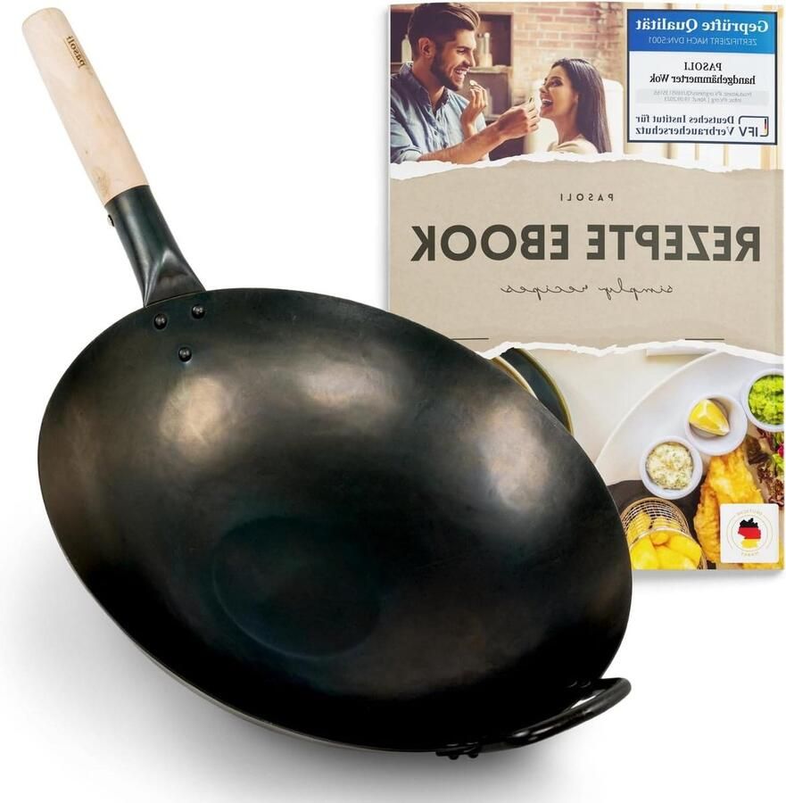 Wokpan inductie Pasoli wok met vooraf ingebrande vlakke bodem diameter 30 cm traditionele handgehamerde wok van koolstofstaal houten handvat natuurlijke anti-aanbaklaag Wokpan inductie
