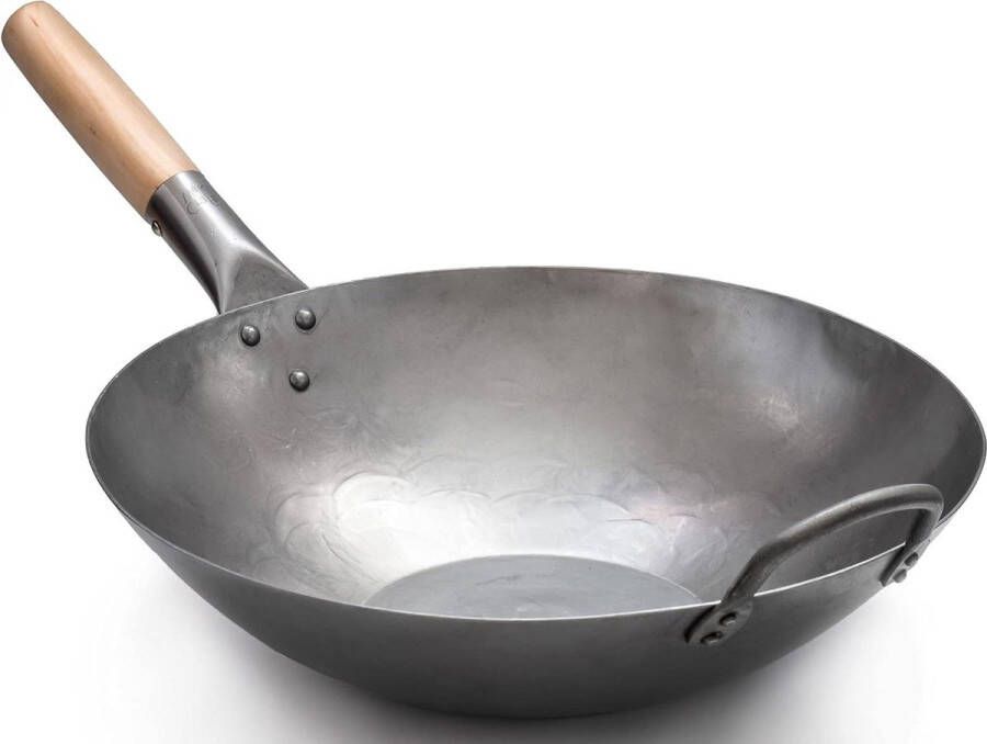 Wokpan inductie Platte Hand Gehamerd Carbon Staal Pow Wok met Houten en Stalen Helper Handgreep 731W316 355 cm platte bodem Wokpan inductie