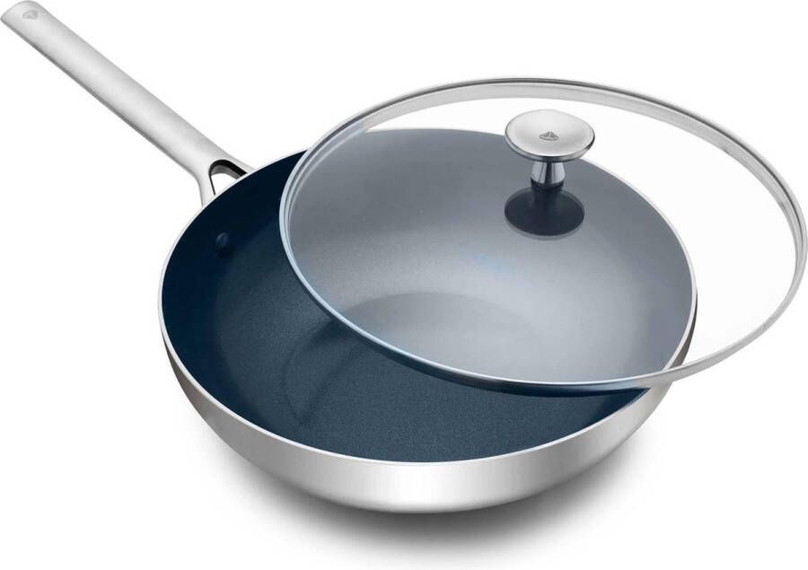 Wokpan inductie Triple Steel Roestvrijstalen Keramische Anti-aanbak 28 cm 36l Deksel PFAS-Vrij RVS Meerlagig Vaatwasserbestendig Ovenbestendig Zilver Wokpan inductie