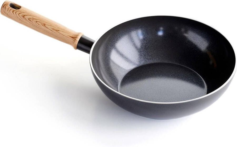Wokpan inductie Vintage Gezonde Keramische Antiaanbaklaag 24cm 25 Liter Wokpan Hout Geïnspireerd Handgreep PFAS-Free Vaatwasmachinebestendig Grijs Wokpan inductie
