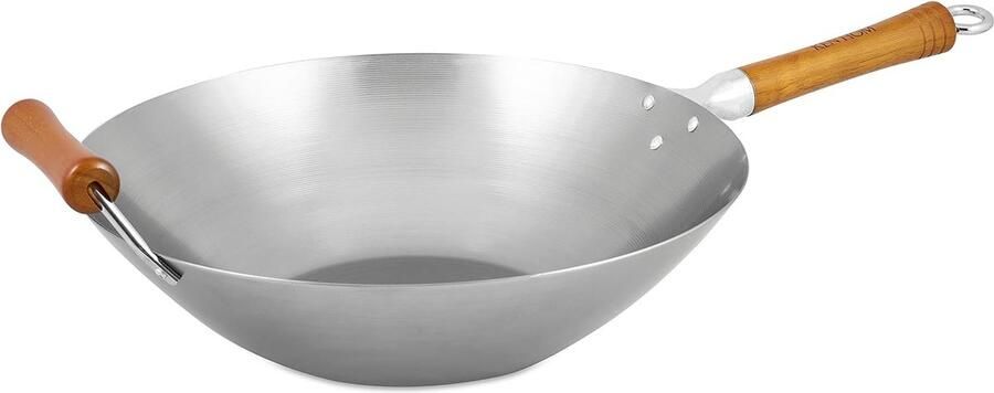 Wokpan van koolstofstaal 36 cm Excellence wokinductie antiaanbaklaag met natuurlijke patina houten handvat