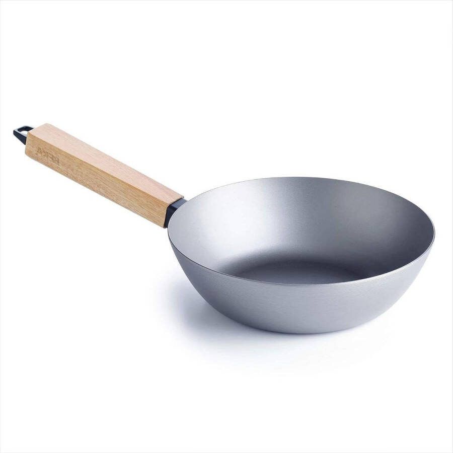 Wokpan van koolstofstaal met houten handgreep zonder deksel 24 cm hittebestendig natuurlijk gecoat