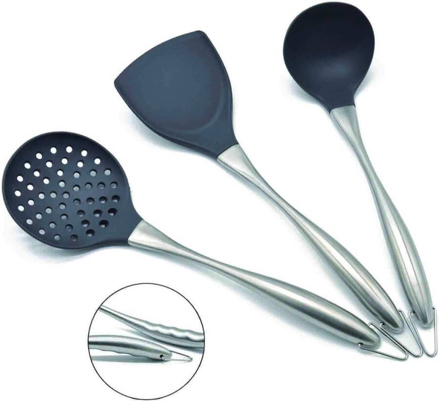 Wokspatel en pollepel Wokaccessoires Keukengereiset 34cm Spatel voor Wok Chinese Wokgereedschapset 304 roestvrij staal (grijs)