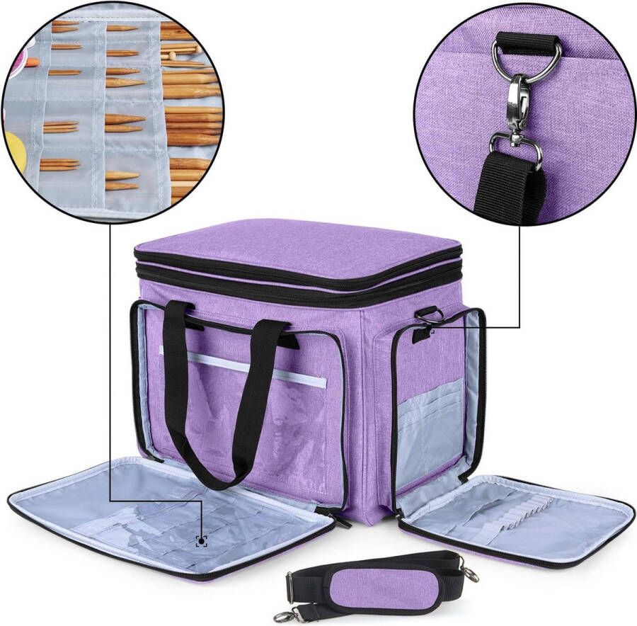 Wollen tas voor garen handwerktas voor breien breitas voor garen haaknaalden breinaalden (tot 14 inch) en andere accessoires lichtpaars
