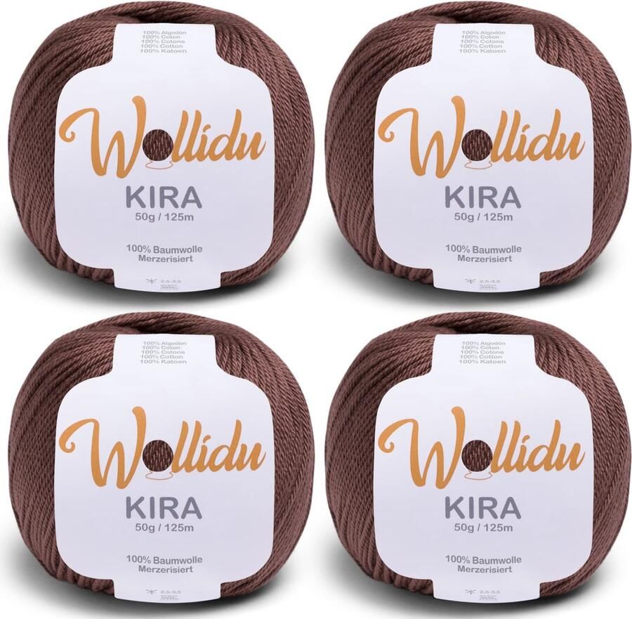 Wollidu Kira breigaren 4 x 50 g 100% katoen voor breien en haken bruin
