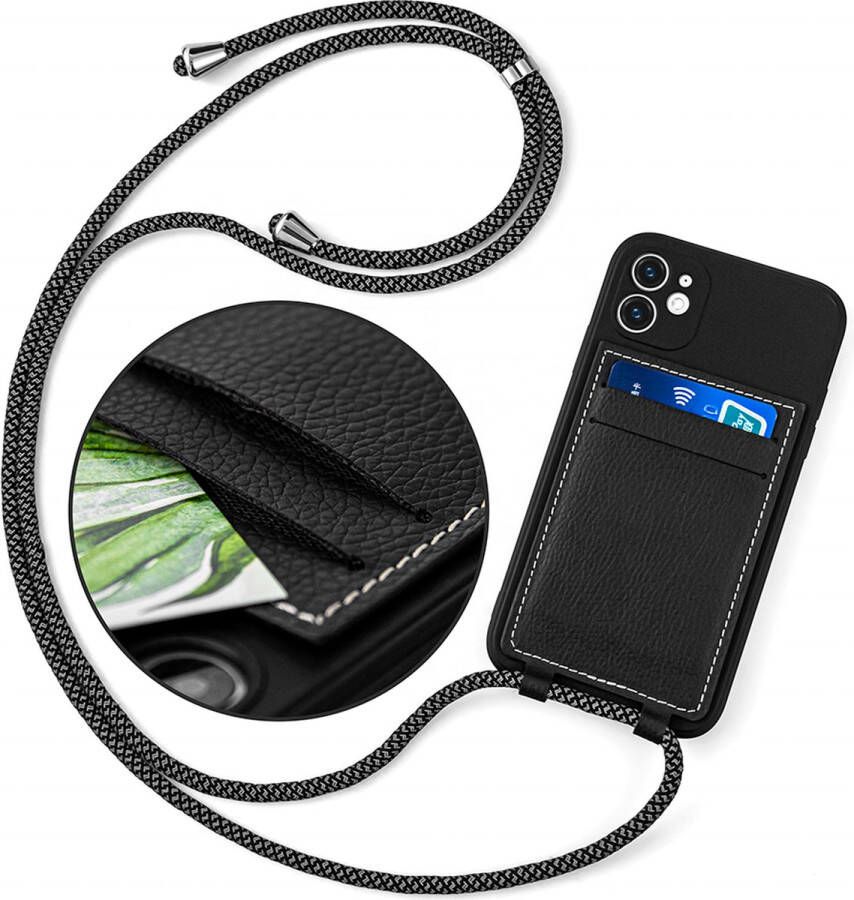 Wondersathome Telefoonkoord met Creditcardhouder Zwart Grijs Luxe Leren Pasjeshouder met Koord Universeel Opplakbaar telefoonkoord met Pasjeshouder verstelbare afneembare schouderhals crossbody Kaarthouder telefoon ketting