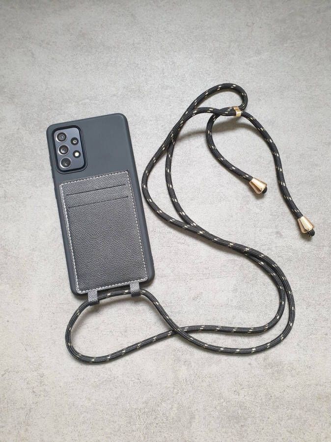 Wondersathome Telefoonkoord met Creditcardhouder Zwart met streepjes Luxe Leren Pasjeshouder met Koord Universeel Opplakbaar telefoonkoord met Pasjeshouder verstelbare afneembare schouderhals crossbody Kaarthouder telefoon ketting