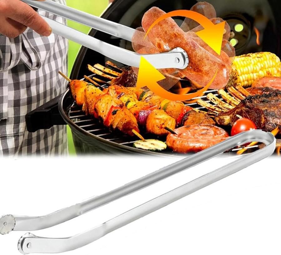 Worstgrilltang met wielen om te draaien worstbarbecuetang roestvrijstalen BBQ-worstdraaitang grillworstdraaitang hotdogtang keukentang worsttang met wielen