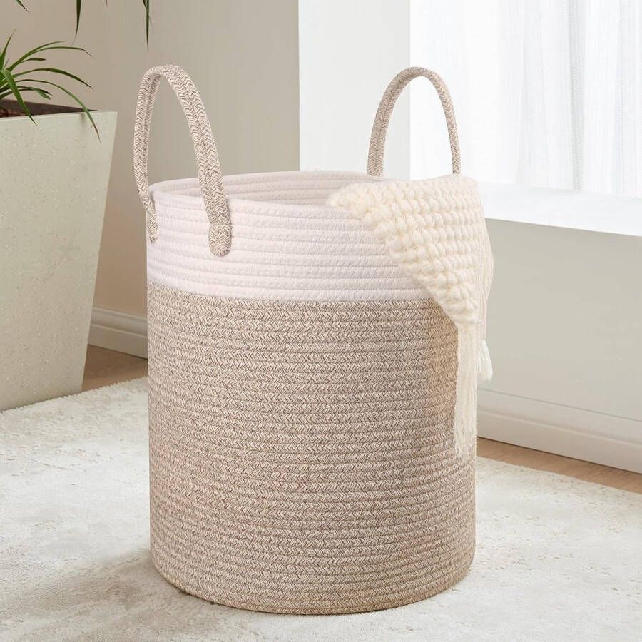 Woven Cotton Laundry Basket 38 L Laundry Hamper with Handle Laundry Baskets Storage Basket for Blankets Toys Basket Laundry Organiser for Laundry Room Children's Room Bathroom 35 x 40