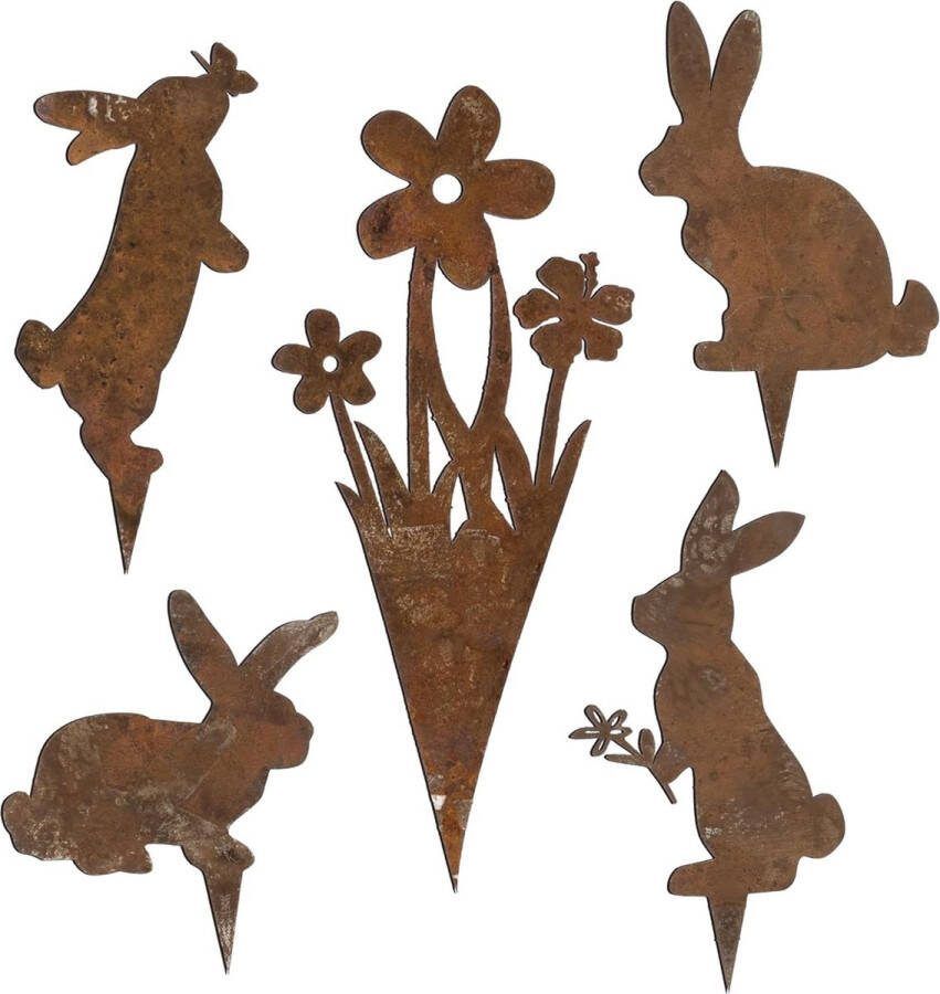 X 5 stuks paashaas tuinstekers roest paashaas figuren bloemensteker voor Pasen decoratie roestdecoratie tuindecoratie