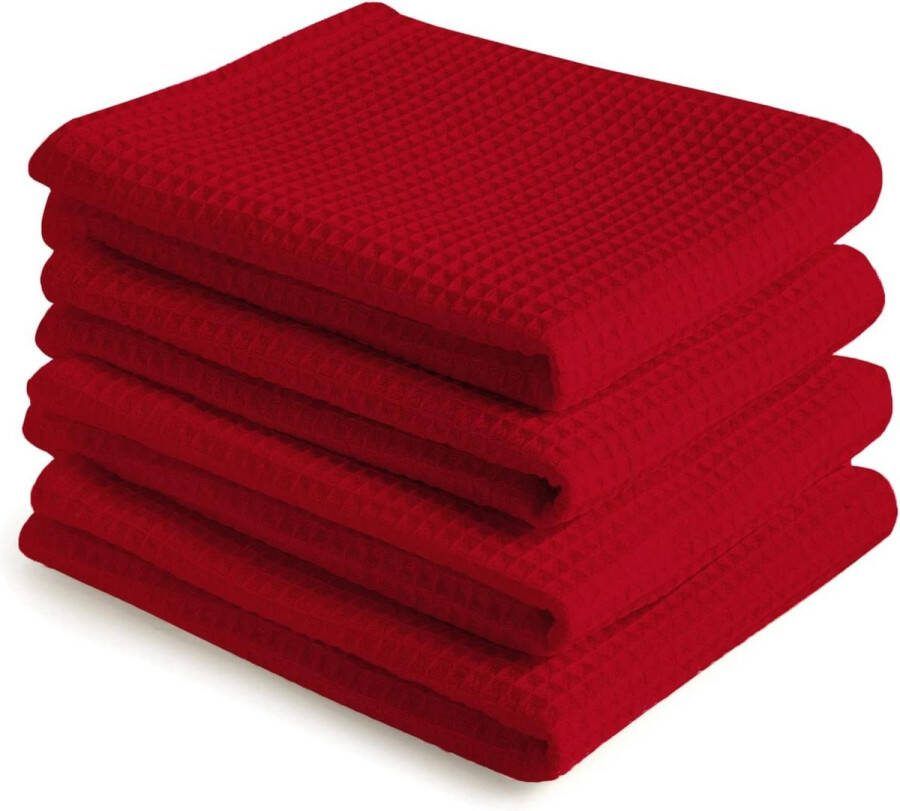 X-Large 70 x 45 cm (4 stuks set) Zeer absorberende Waffle Cloth Keukendoek Rood Reinigt & Droogt Snel Katoen