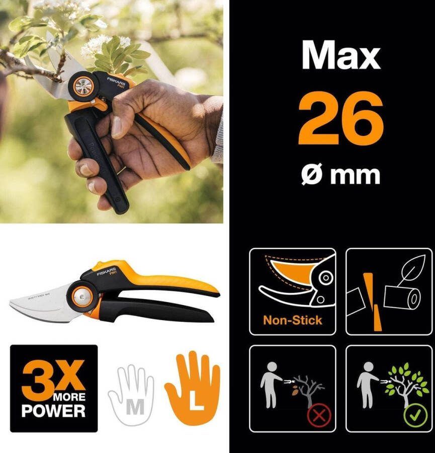 X-Series PowerGear P961 bypass snoeischaar roterende handgreep jonge takken twijgen antikleeflaag roestvrijstalen bladen lengte 222 cm zwart oranje 1057175