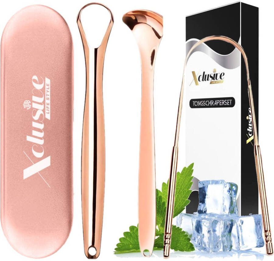 Xclusive-lifestyle Rosé Tongschraperset 4-delige Professionele Tongreinigingset Tongschraper Mondverzorging Mondhygiëne Ayurveda Aanbevolen door Tandartsen