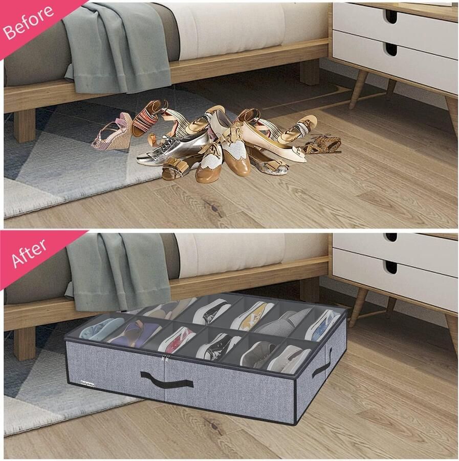 XDUBSB2P Onderbed-commode voor schoenen met doorzichtig deksel sterke opbergkist voor schoenenopslag met 14 vakken visgraatpatroon grijs 2 stuks