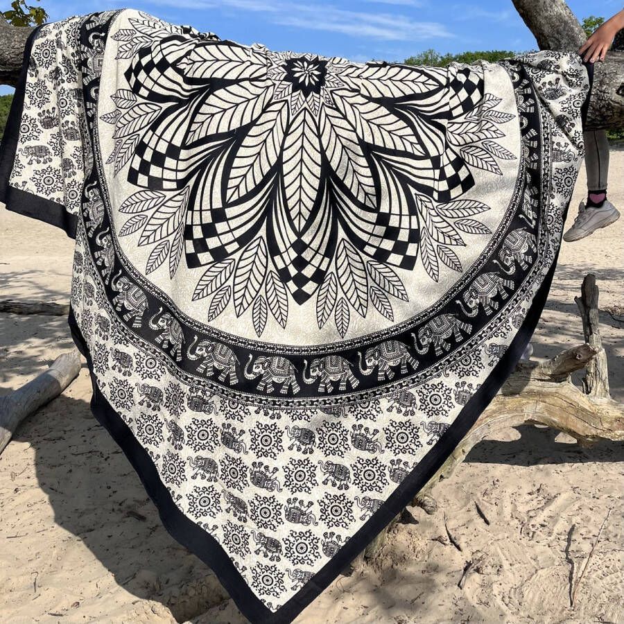 Merkloos Sans marque XL groot strandlaken Dun textiel 100% duurzaam katoen Mandala zwart-beige strandkleed