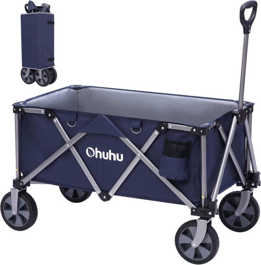XL handkar opvouwbaar 145L 100kg laadvermogen opvouwbare strandwagen tuinwagen uitrustingswagen met zijvak voor alle terreinen geen montage nodig verstelbare handgreep blauw