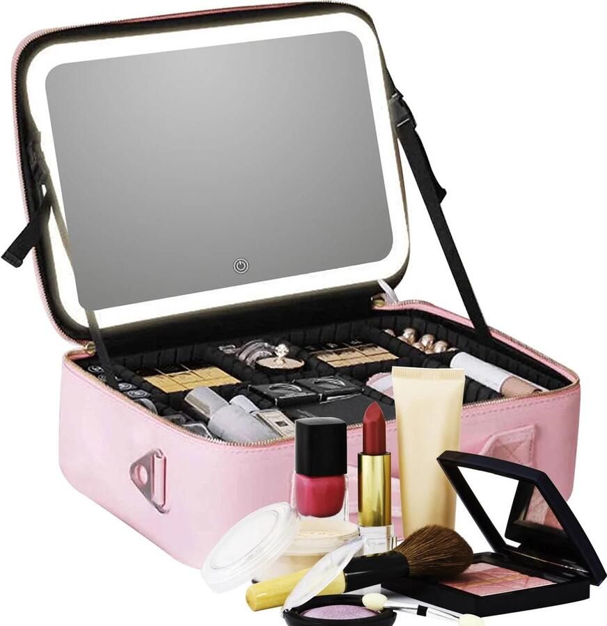 XL LED Spiegel Make Up Organizer Make Up Koffer 37cm x 26 5cm x 12 5cm Beautycase Verstelbare Vakken Tas Pink