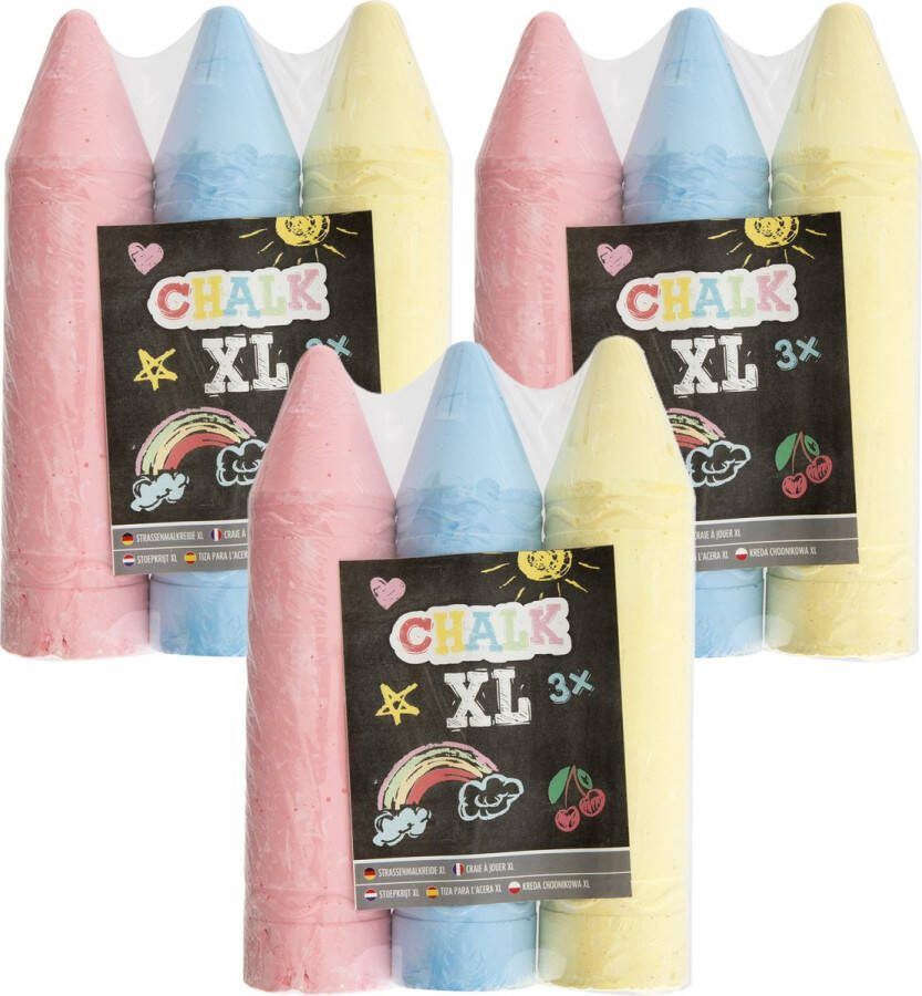 XL mega stoepkrijt 9x stuks roze blauw geel L19 cm