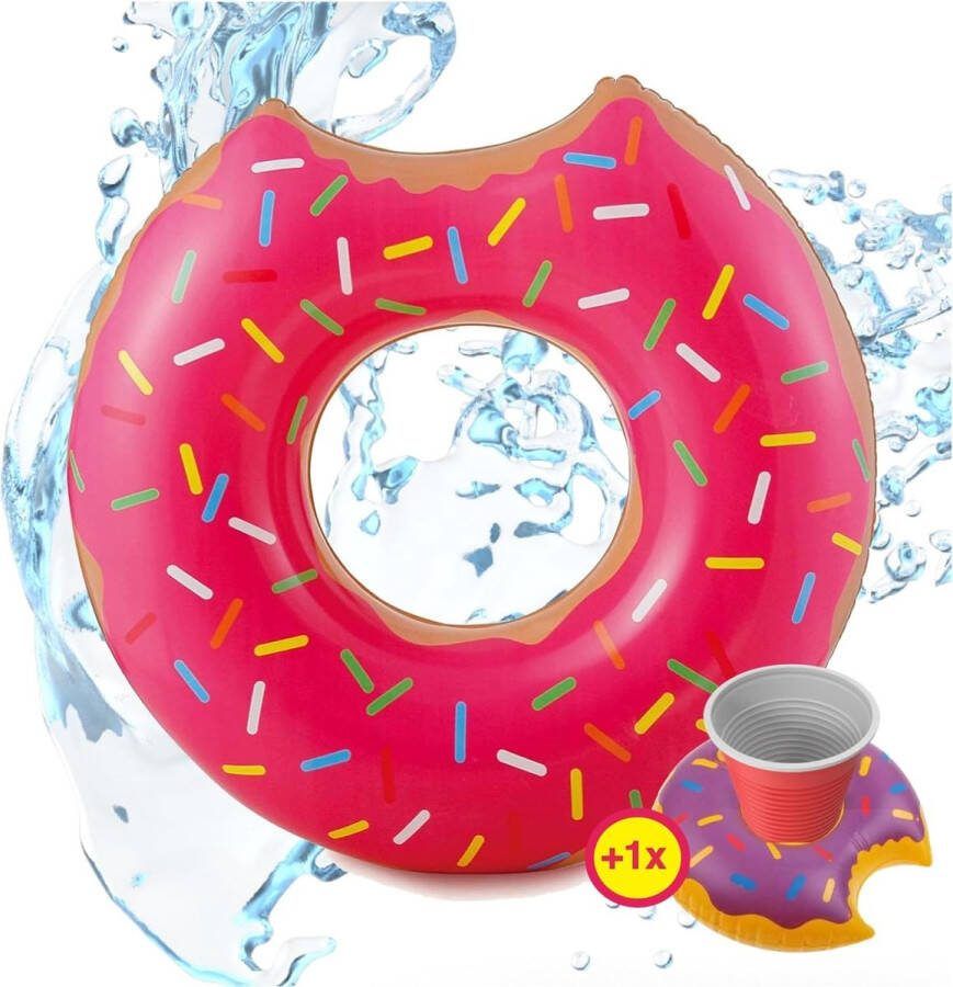 XXL Donut met Bekerhouder ø 120cm Opblaasbaar Zwembadspeelgoed Zwembad Waterspeelgoed Speelgoed Zwemring Opblaasfiguur Zomer Camping Vakantie Roze
