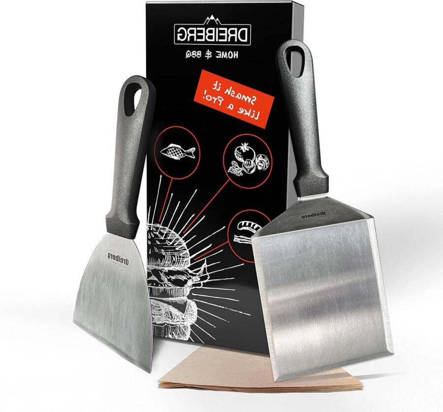 XXL grillspatel set incl. 20 stuks burgerpapier Smash Burger spatel en burgerpers voor plancha teppanyaki vuurplaat