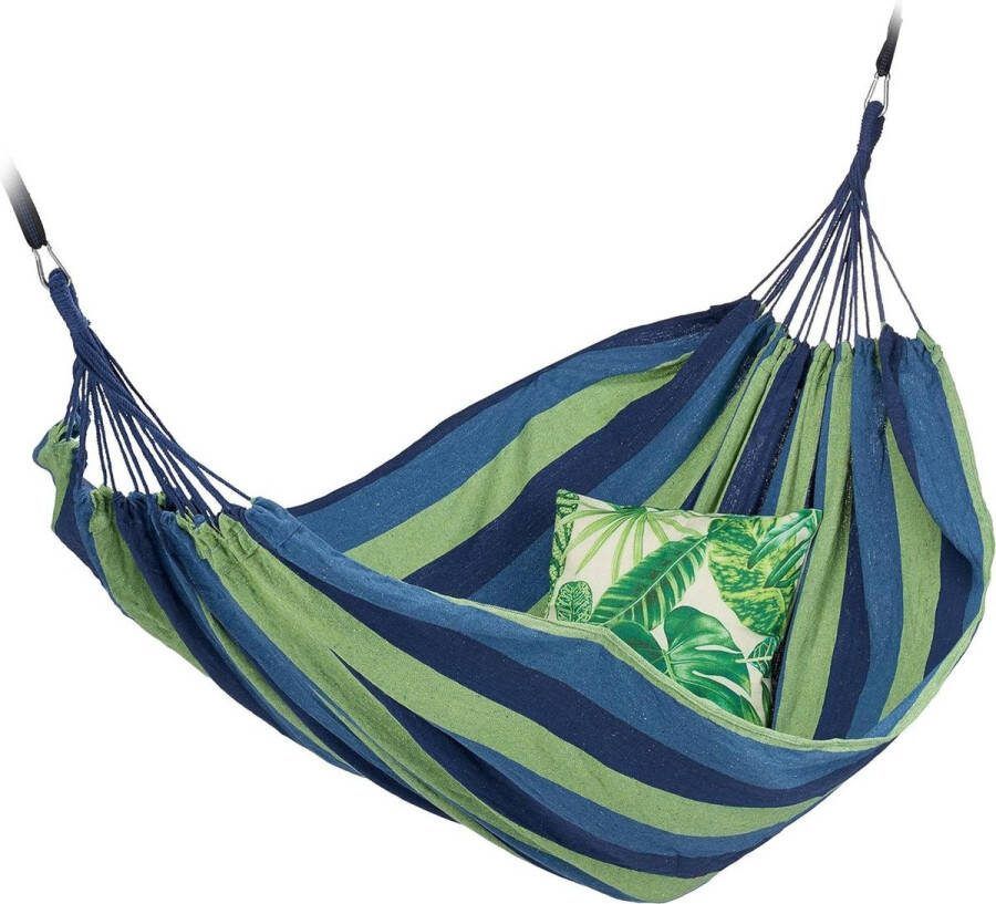 XXL hangmat voor 2 personen draagbaar tot 300 kg katoen binnen en buiten 150 x 272 cm blauw groen