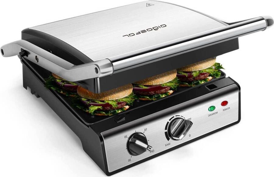 XXL Low Fat Grill Contactgrill Sandwichmaker Panini Afneembare Plaat Instelbare Temperatuur Timer 180° Opening Roestvrij Staal Plaatgrootte 29 x 24 cm Antiaanbaklaag Cool plate