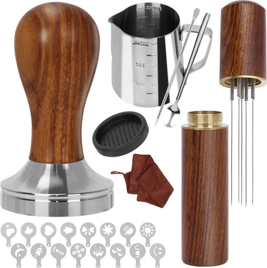 Y-Step 23 stuks koffie stamper set koffie accessoires Barista Set met Espresso Sabotage 51mm Espresso Koffie Roerder Melkkan Sabotage Mat Barista handdoek Latte Art Pen en 16 Decoratieve