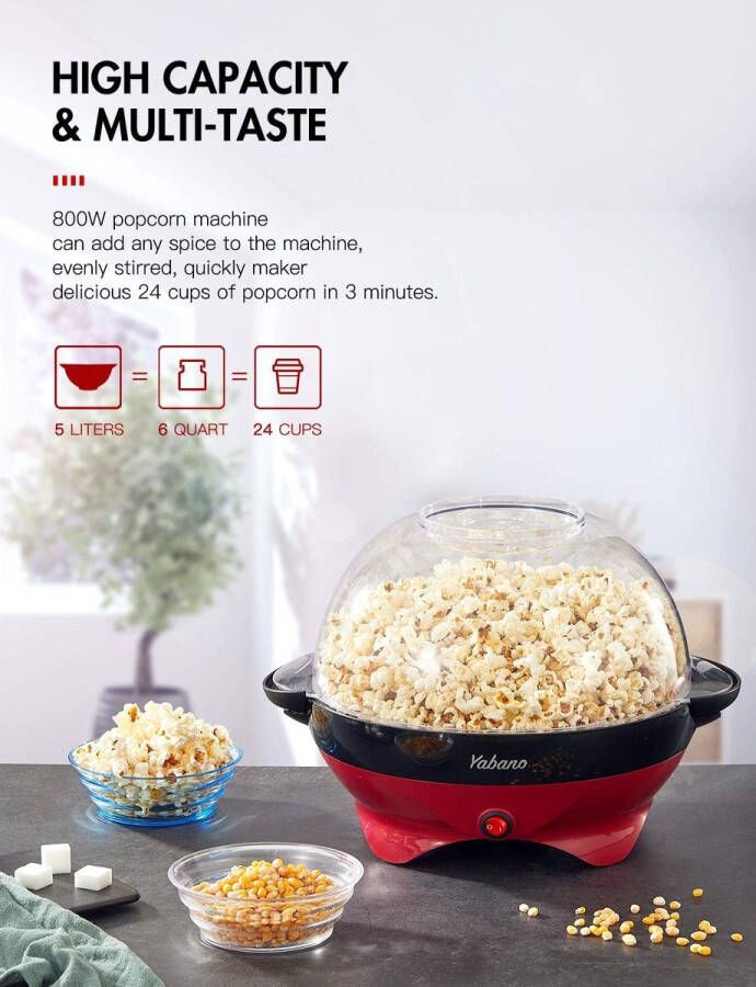 Yabano Popcorn Machine voor Thuis: Popcornmaker met Suiker en Olie Verwijderbaar Verwarmingselement 5L Popcorn Popper Niet-klevende Coating Groot Deksel als Serveerplaat Ruimtebesparende Opslag