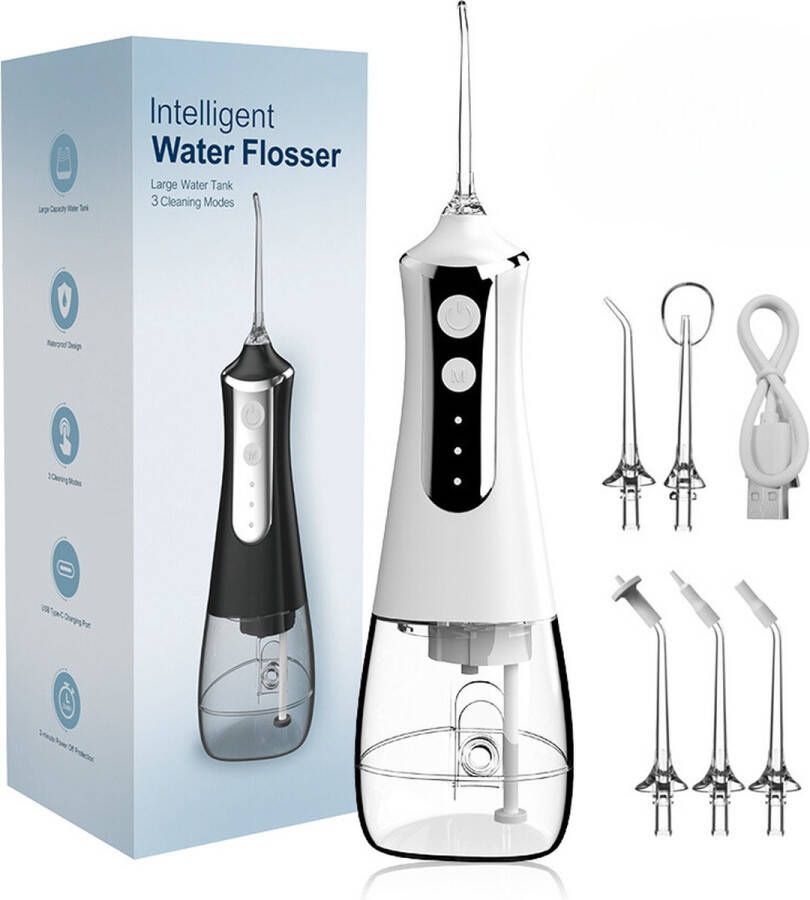 YHS WaterFlosser Monddouche Elektrisch Flosapparaat Draadloos En Oplaadbaar Tanden Pick Hoge Druk Pulse Elektrische Tandenstoker Duurzaam Hoge Druk Flossen 5 Opzetstukken Wit