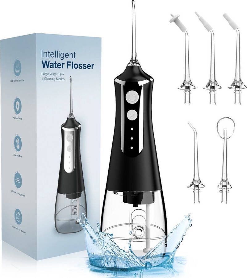 YHS WaterFlosser Monddouche Elektrisch Flosapparaat Draadloos En Oplaadbaar Tanden Pick Hoge Druk Pulse Elektrische Tandenstoker Duurzaam Hoge Druk Flossen 5 Opzetstukken Zwart