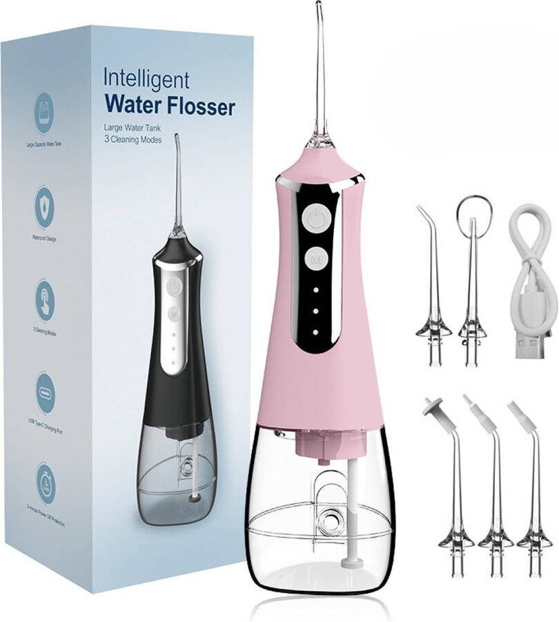 YHS WaterFlosser Monddouche Elektrisch Flosapparaat Draadloos En Oplaadbaar Tanden Pick Hoge Druk Pulse Elektrische Tandenstoker Duurzaam Hoge Druk Flossen 5 Opzetstukken Roze