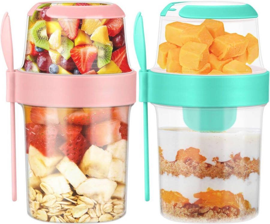 Yoghurtbeker Yoghurt Beker To Go Lunchpot Bpa-Vrij Met Lepel Muesli Beker To Go Lunchbeker Lunchbox Lunchtrommel Meeneem Lekvrij Medium 560 + 310 Ml Salade To Go Saladebo Roze En Groen Duurzaam