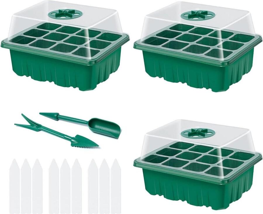 Zaadkweekbakken 3 Pack Zaailingbroeikas met Vochtigheidskoepel Voor Planten Kieming en Groei (12 cellen) Kweekbak