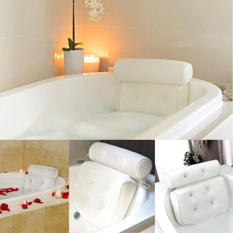 Zacht badkussen spa & badkussen met 3D Air-mesh-technologie en 6 sterke zuignappen badkussen ondersteunend nekkussen hoofd rug en schouder badkuip (wit)