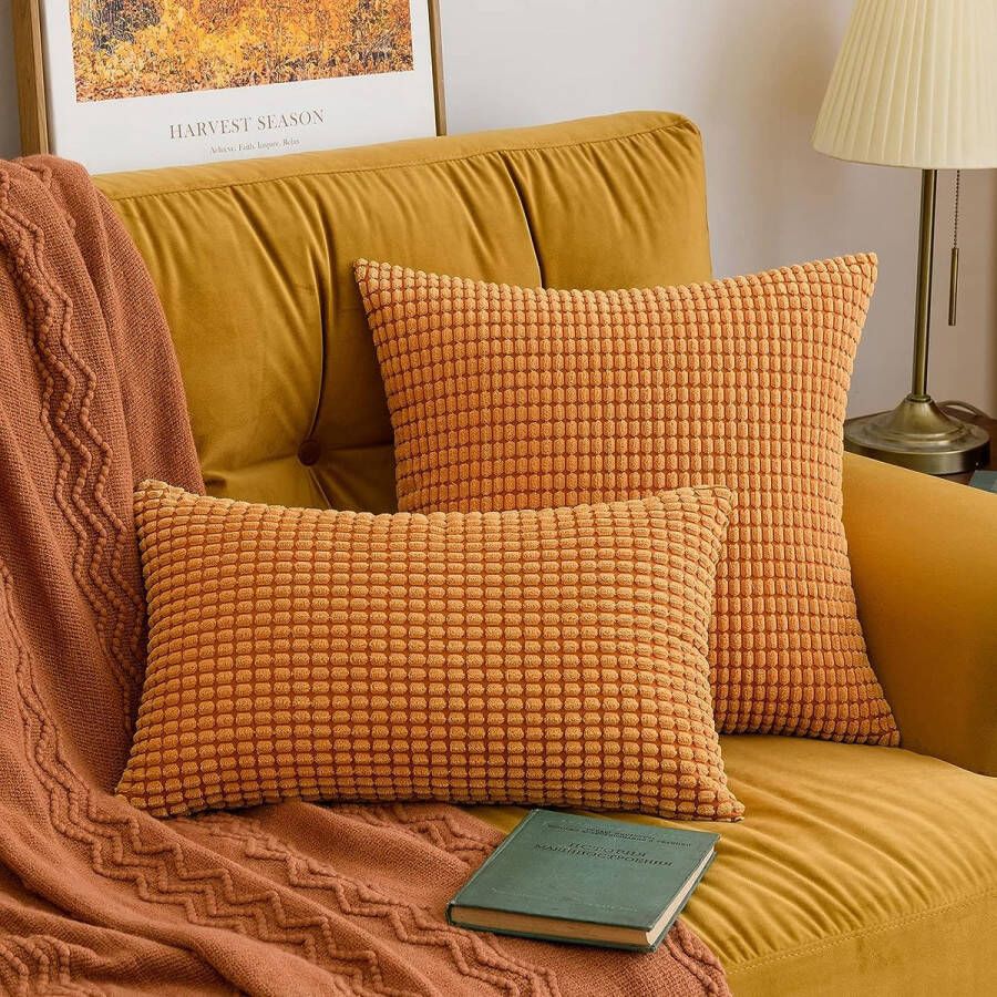 Zachte effen decoratieve vierkante corduroy kussensloop met grote maïskorrels kussenhoes voor sofa slaapkamer 20 x 20 inch 50 x 50 cm set van 2 oranje