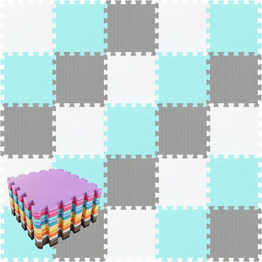 Zachte EVA-schuim speelmat voor baby's op de grond Puzzelstukken stapelbaar Opvouwbaar 18 tegels (30 x 30 x 1 cm) Wit groen grijs
