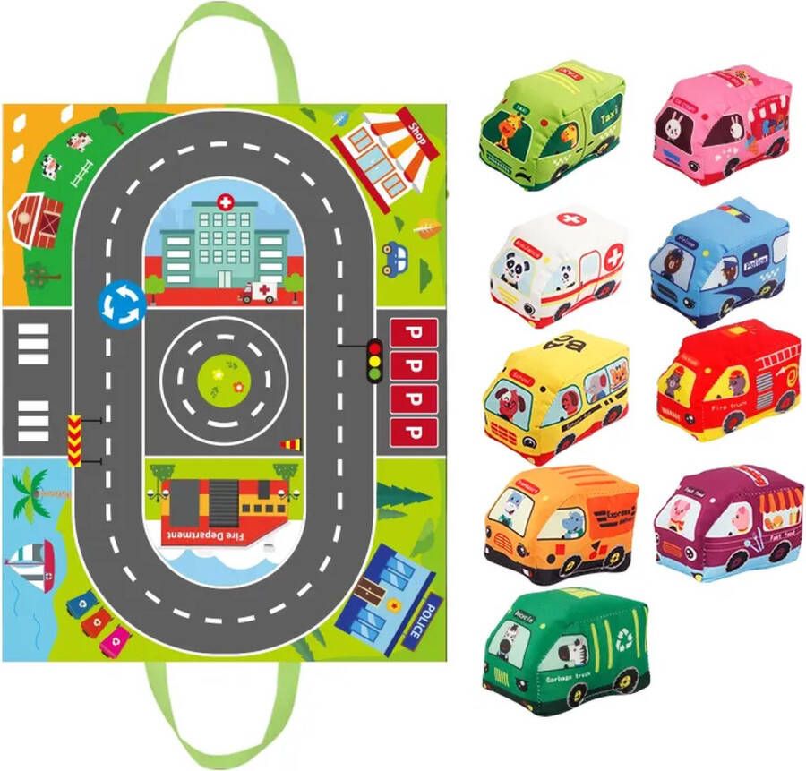 Zachte Speelmat met 9 Autootjes Opvouwbaar Pluche 9 Voertuigen Auto Set Speelkleed City Traffic