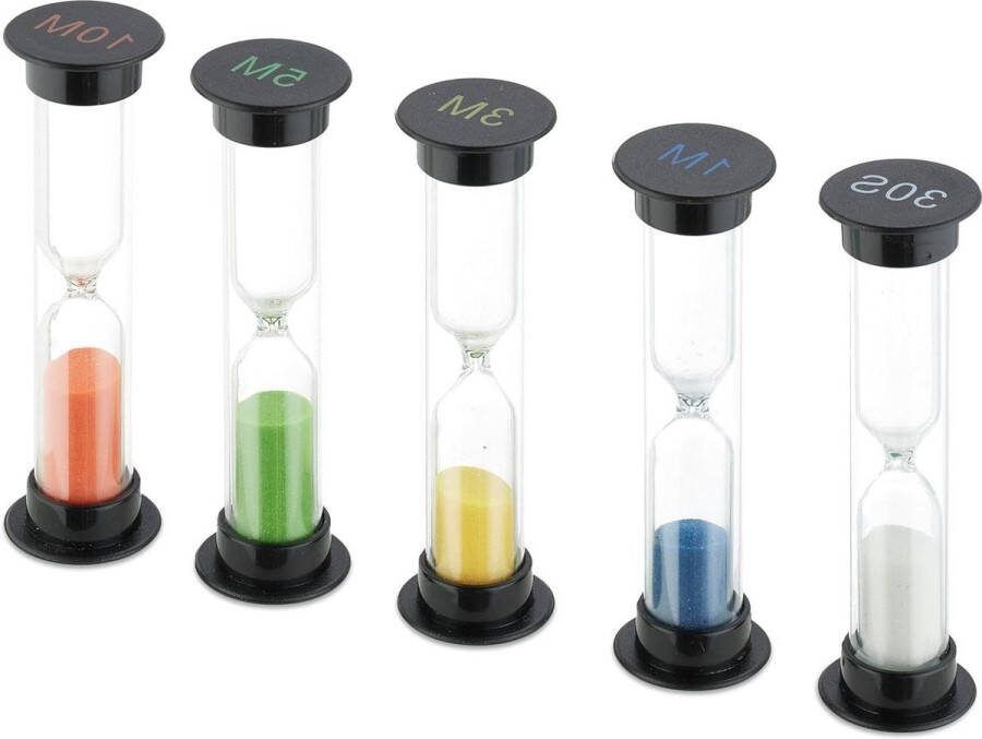 Zandlopet set 5 stuks timer 30 sec 1 3 5 10 min H x D: 9 x 25 cm eierwekker zand kinderen kleurrijk