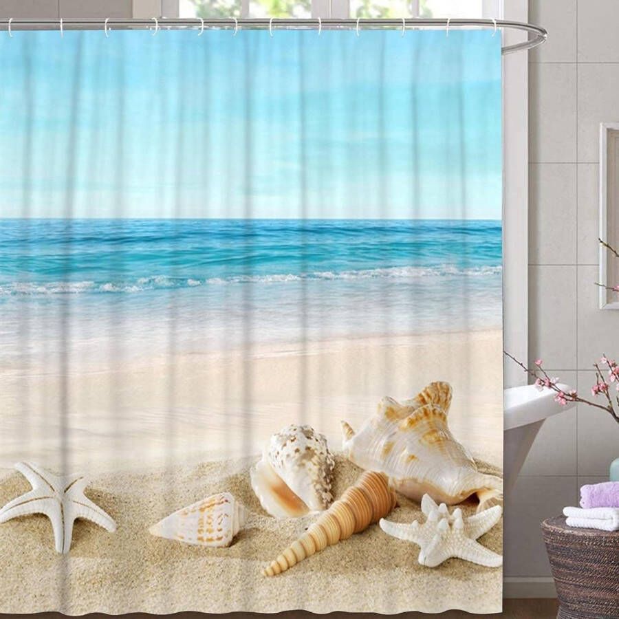 Zee Kust Douchegordijn Pastel Strand Oceaan Schelpen Zeester Hemel Textiel Schimmelbestendig Blauw Turquoise Golf Relax 180 x 200 cm incl. 12 C-ringen