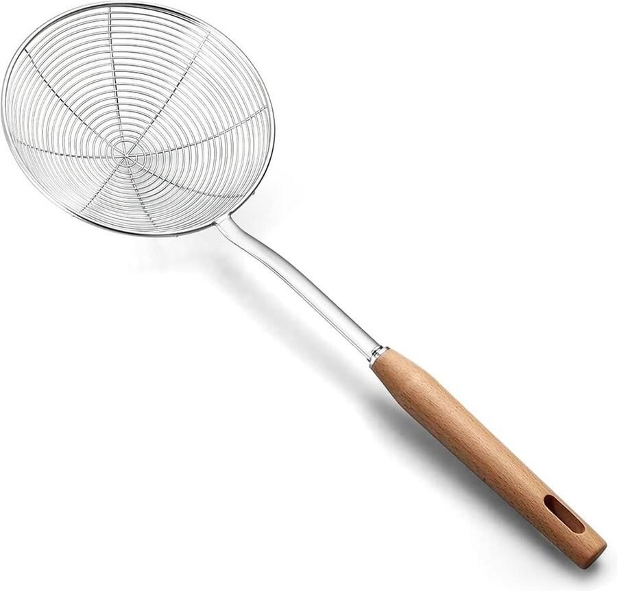 Zeef 7 9 inch extra grote spinzeefskimmer met houten handvat roestvrijstalen spinzeefskimmer pollepel voor koken en braden bakgereedschap zeef pastazeef (20 cm)