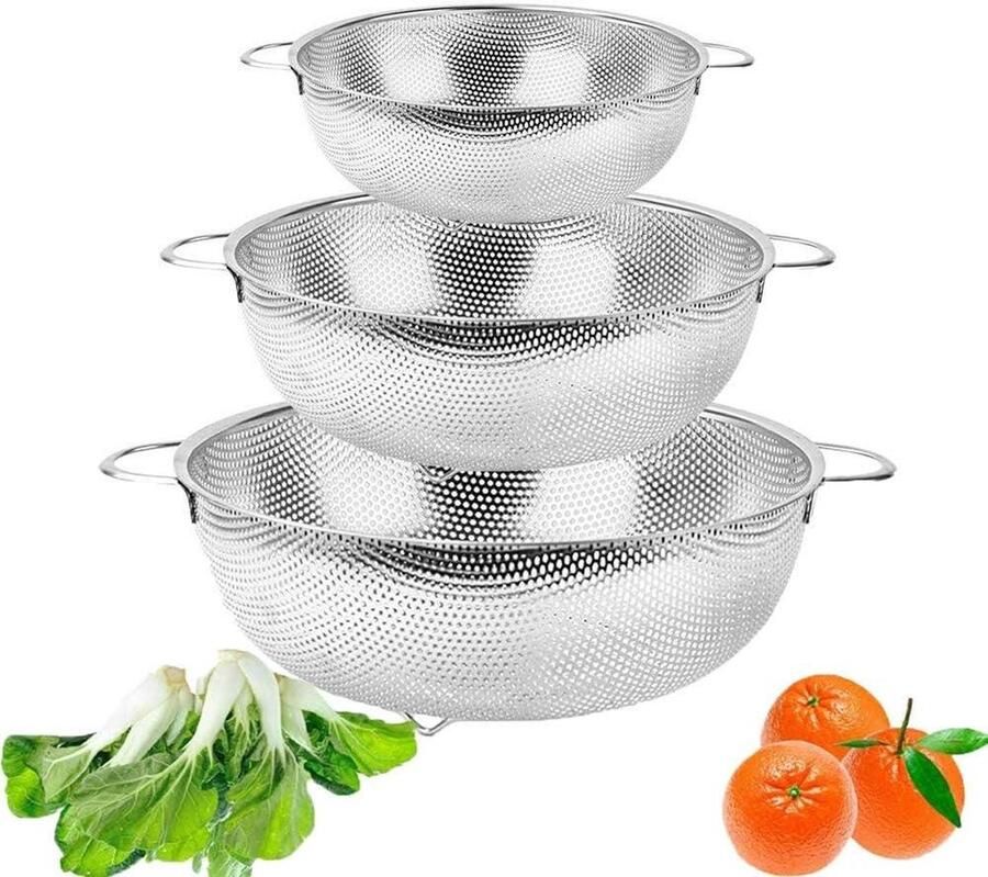 Zeefset 3-pack micro-geperforeerde zeef gaaszeef met handgrepen roestvrijstalen vergiet voor pasta-groenten fruit 165 195 225 cm Vergiet